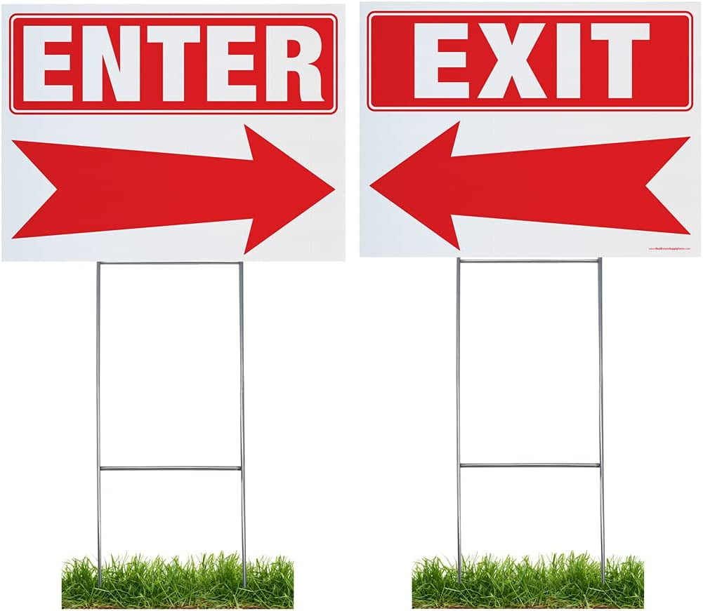 Enter/Exit Arrow Yard Sign Complete Kit Includes Sturdy Sign Stake - Durable Outdoor Double Sided 18x24 Arrow Sign with Extra Tall 10x30 Stake (Mixed Pack, Exit/Enter)