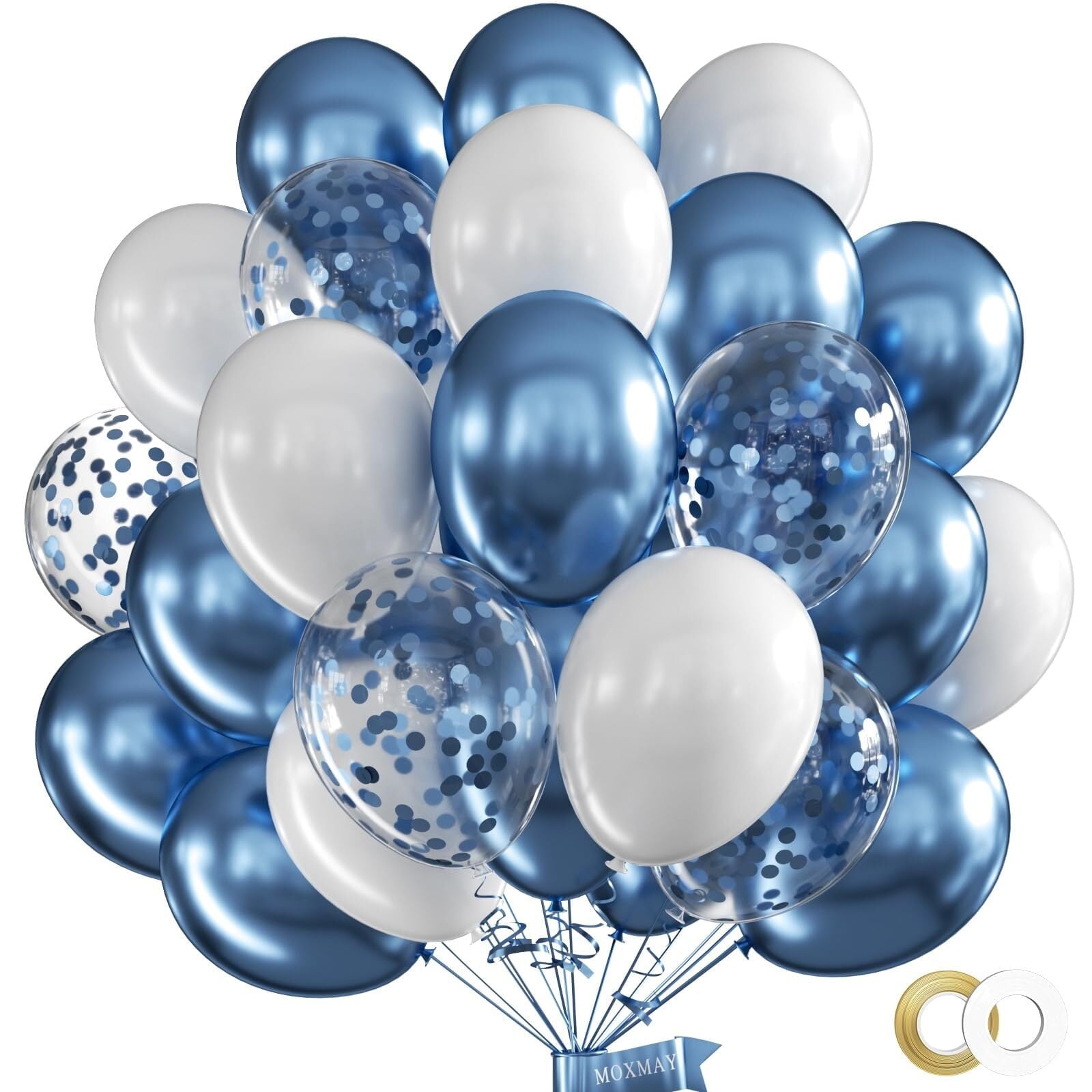 FF. Blue Metallic Balloons Blue Confetti Balloons and White Balloons,50 pcs Blue Balloons Party Balloons for Birthday Baby Shower with Extra Confetti and Balloon Ribbons