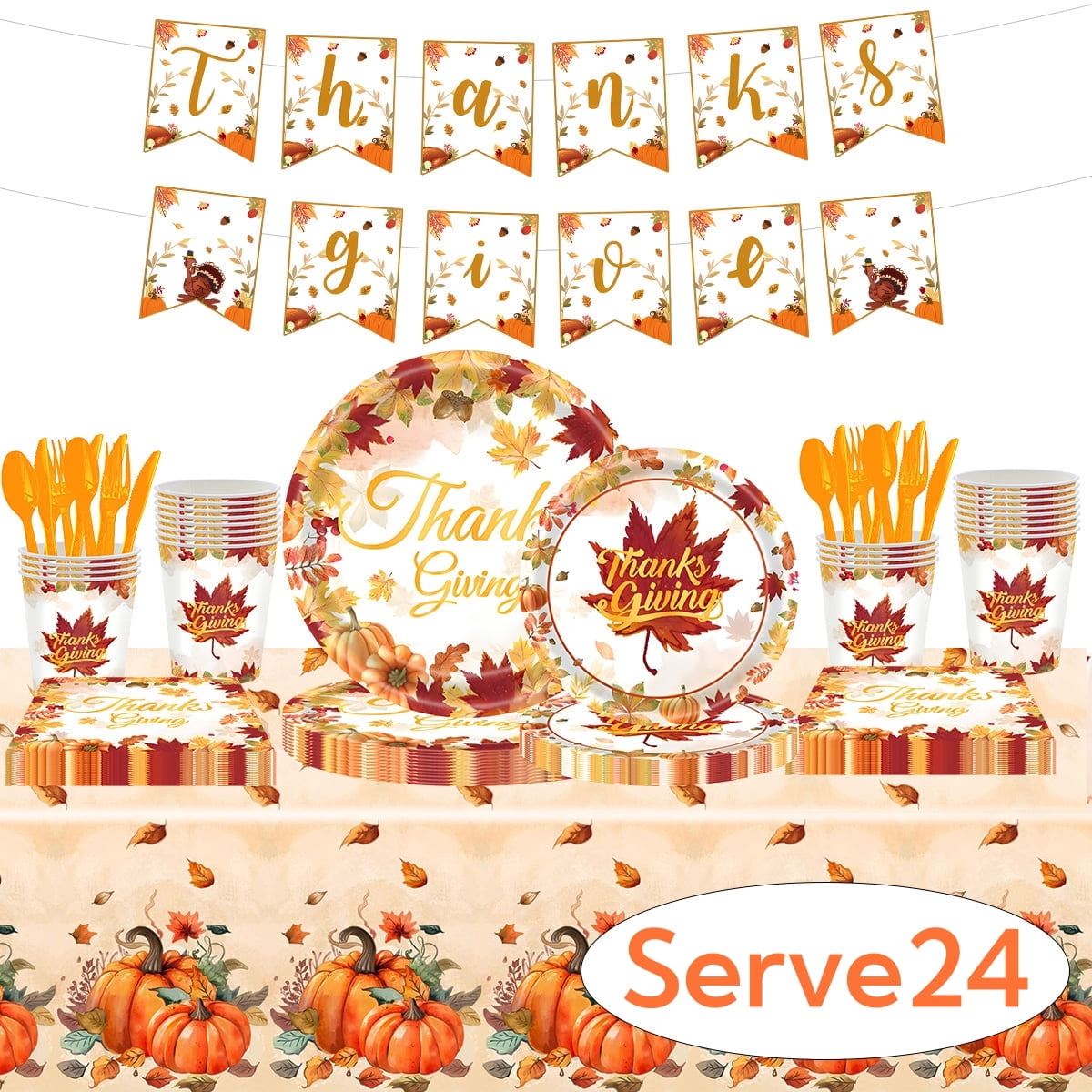 Fall Thanksgiving Paper Plates for Party Supplies Decoration Pumpkin Maple Leaf Napkins Tablecloth Banner Disposable Dinnerware for Autumn Harvest Table Decor Serve 24 Design3