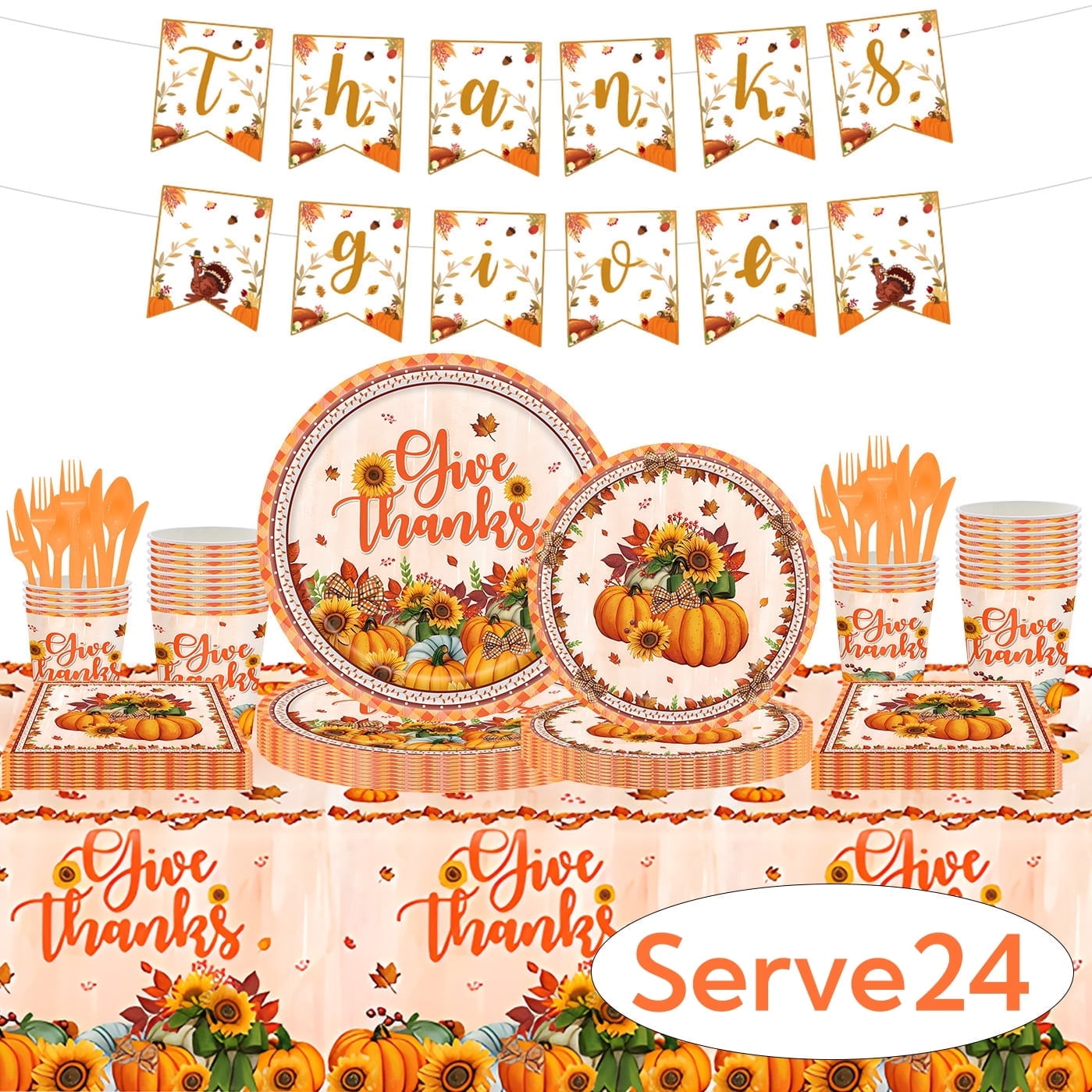 Fall Thanksgiving Paper Plates for Party Supplies Decoration Pumpkin Maple Leaf Napkins Tablecloth Banner Disposable Dinnerware for Autumn Harvest Table Decor Serve 24 Design3