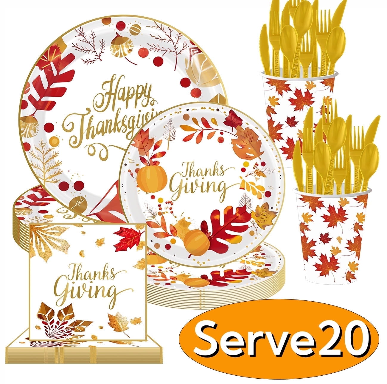 Fall Thanksgiving Paper Plates for Party Supplies Decoration Pumpkin Maple Leaf Napkins Tablecloth Banner Disposable Dinnerware for Autumn Harvest Table Decor Serve 24 Design3