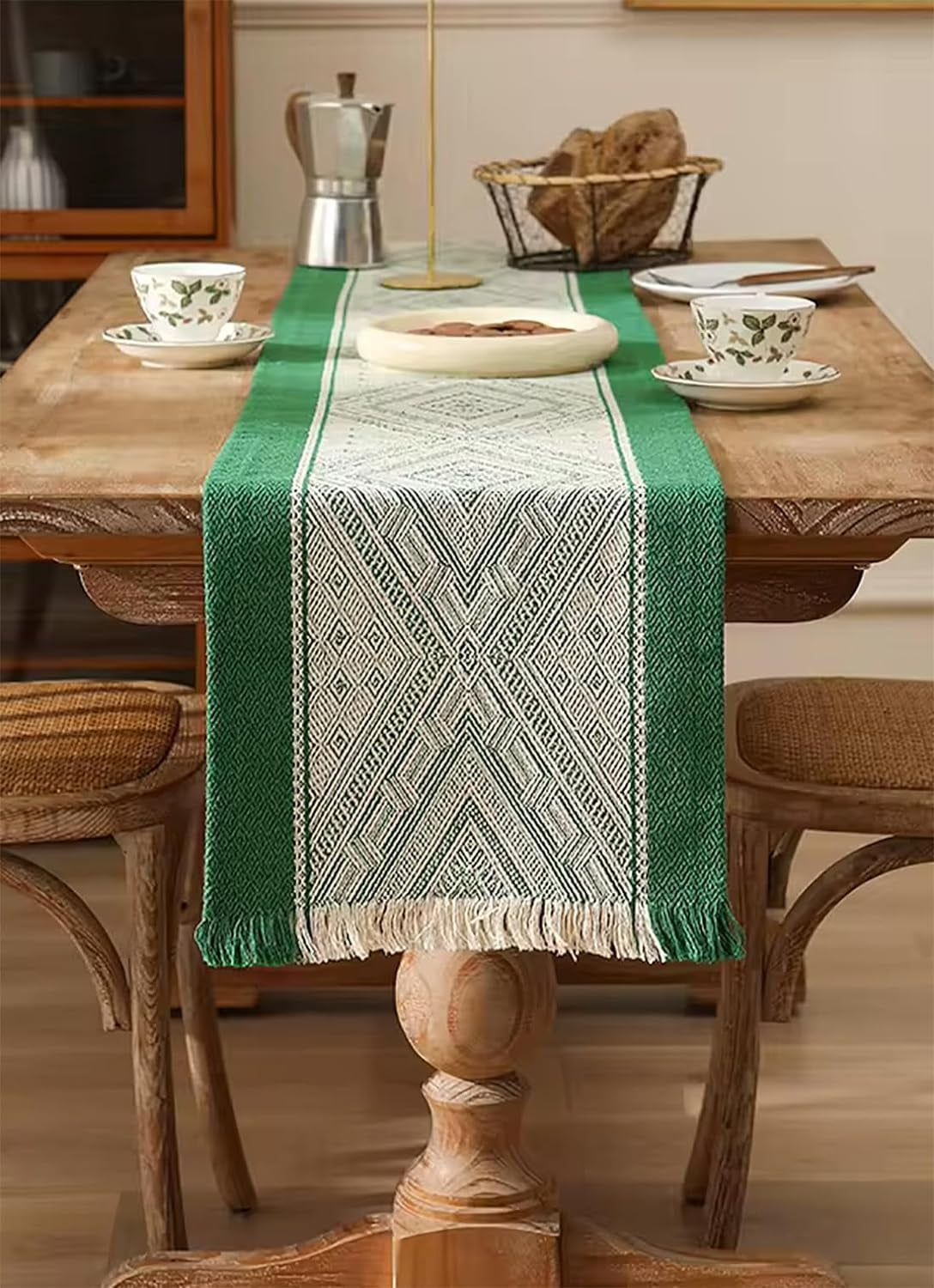 Fennco Styles Diamond Weave Fringe Cotton Blend Table Runner 14" W x 72" L - Beige Geometric Rectangular Table Cover for Boho Décor, Dining Table, Banquets, Family Gatherings