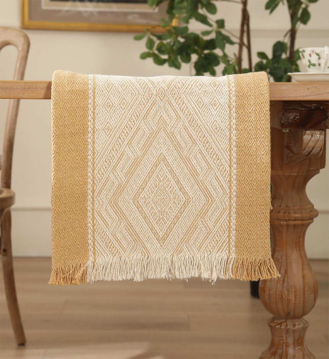 Fennco Styles Diamond Weave Fringe Cotton Blend Table Runner 14" W x 72" L - Beige Geometric Rectangular Table Cover for Boho Décor, Dining Table, Banquets, Family Gatherings