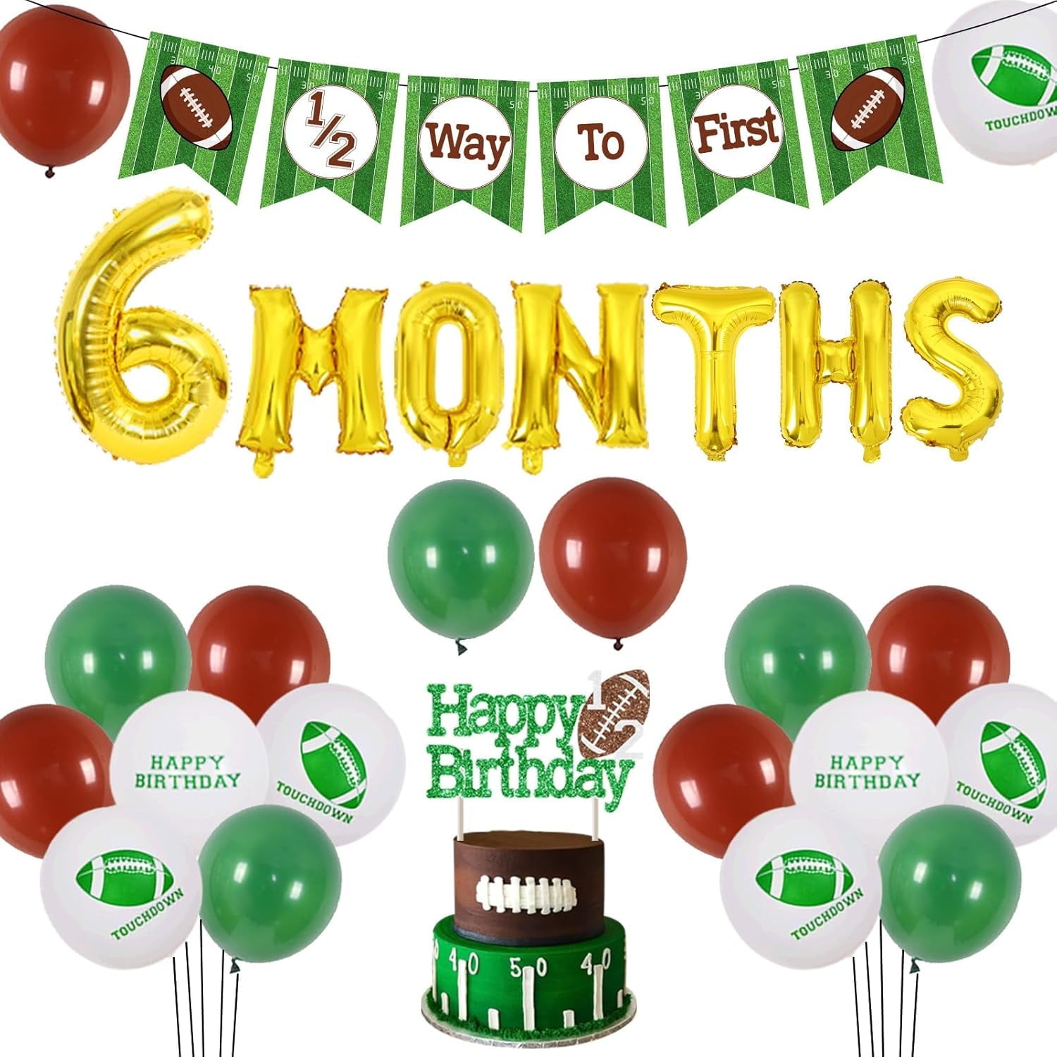 Football Half Birthday Decorations - Football 6 month Birthday Party, 1/2 Birthday Football Decorations Banner, Green Coffee Balloons Happy Birthday Cake Topper 6 Month Foil Balloon for Boy Birthday