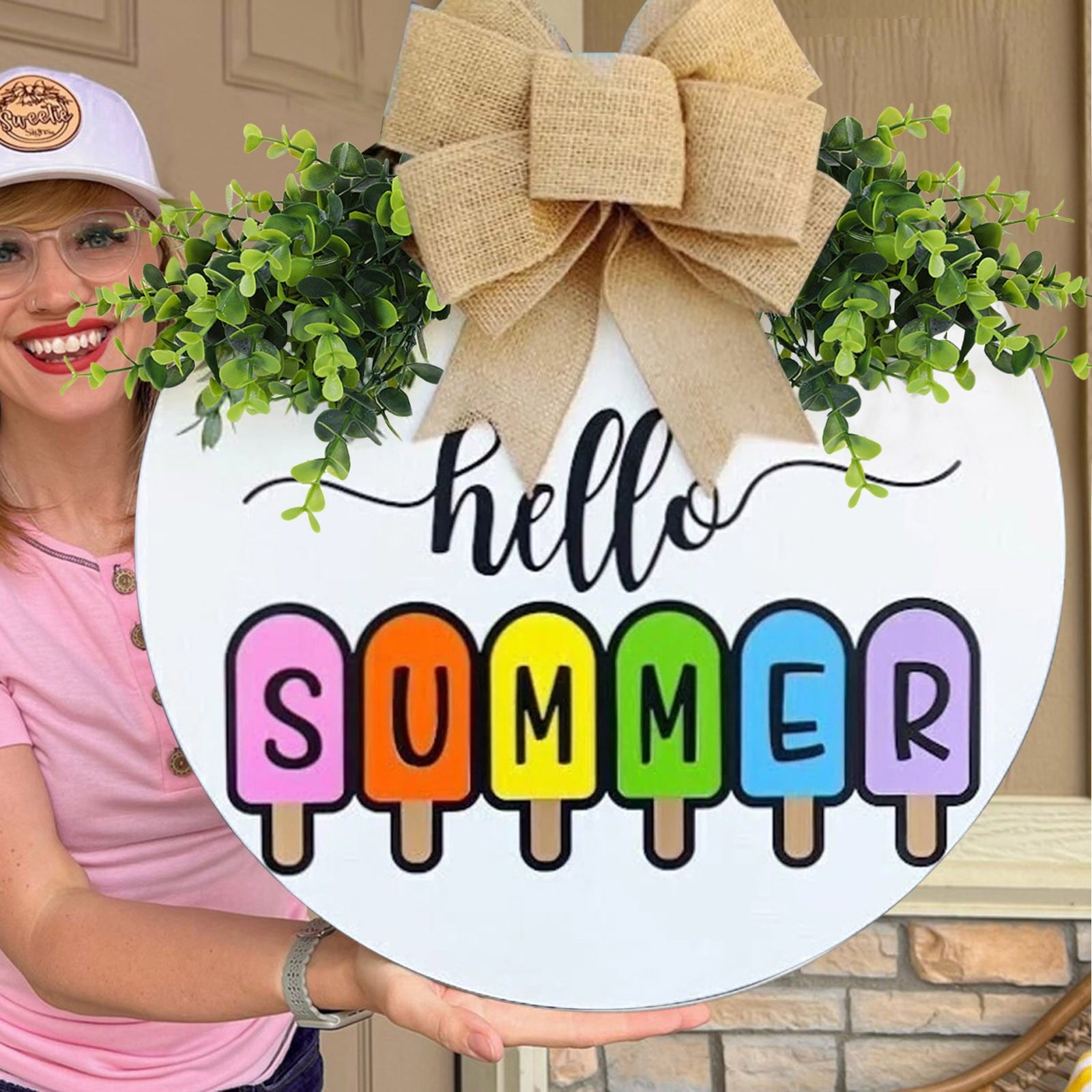 Embellished Front Porch, Wooden Blue In Wreaths For Front Door, Summer Door Hanger Welcome Sign Hello Round Front Wreath Farmhouse With Bow Spring Wreaths For Outside Decor