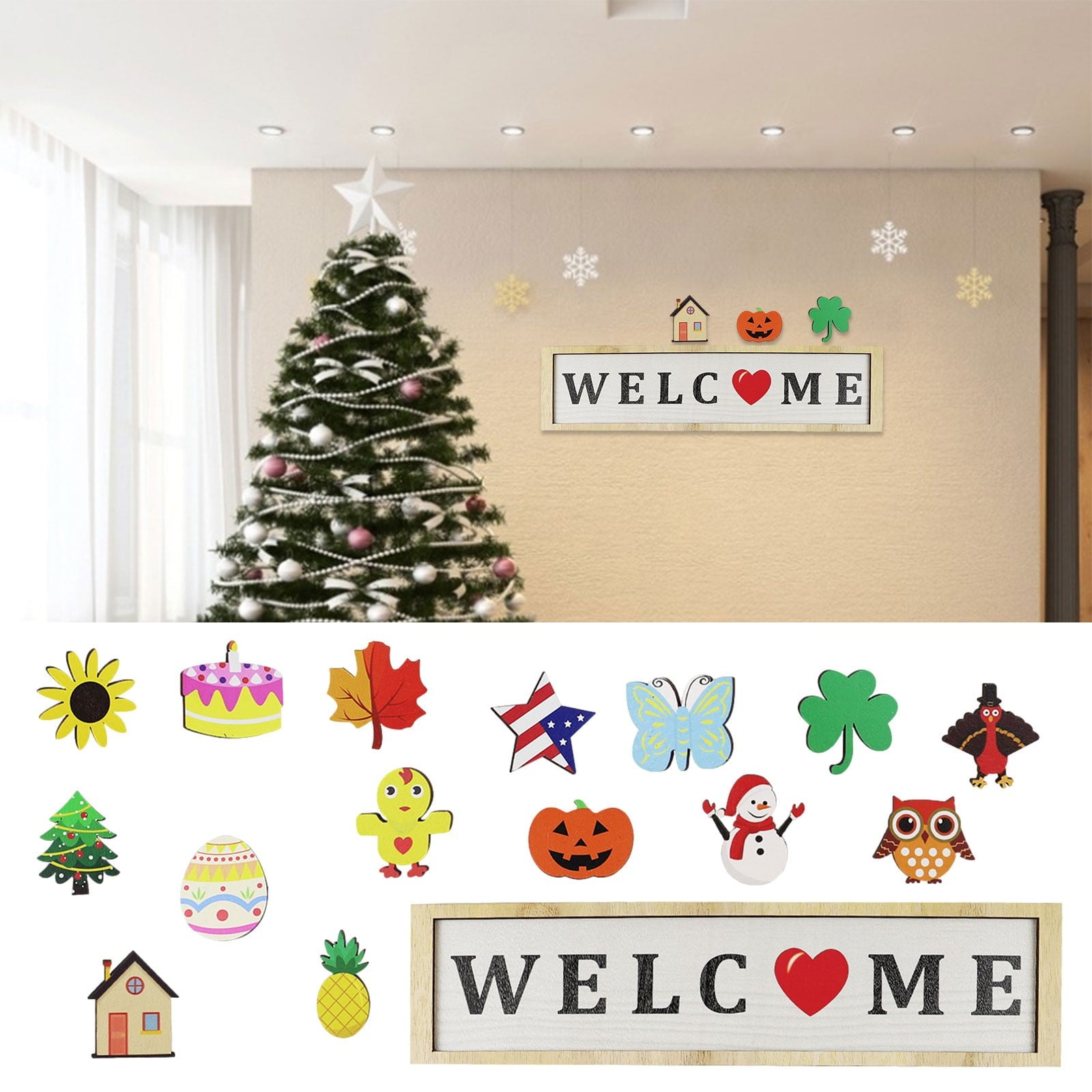 Front Porch, Wooden Yellow In Wreaths For Front Door, 1 Set Four Seasons Door Decoration Listing Ornament Home Decor Outdoor Hanging Sign Front Decorative Board Wooden Wall
