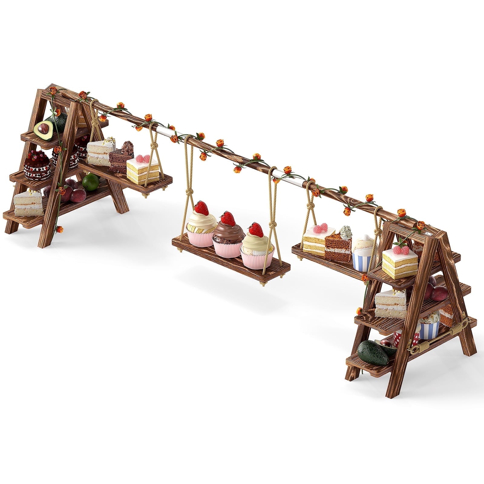 Gomok 3 Tier Serving Tray Wooden Cupcake Stand Rustic Foldable Dessert Table Display Set with Removable Trays