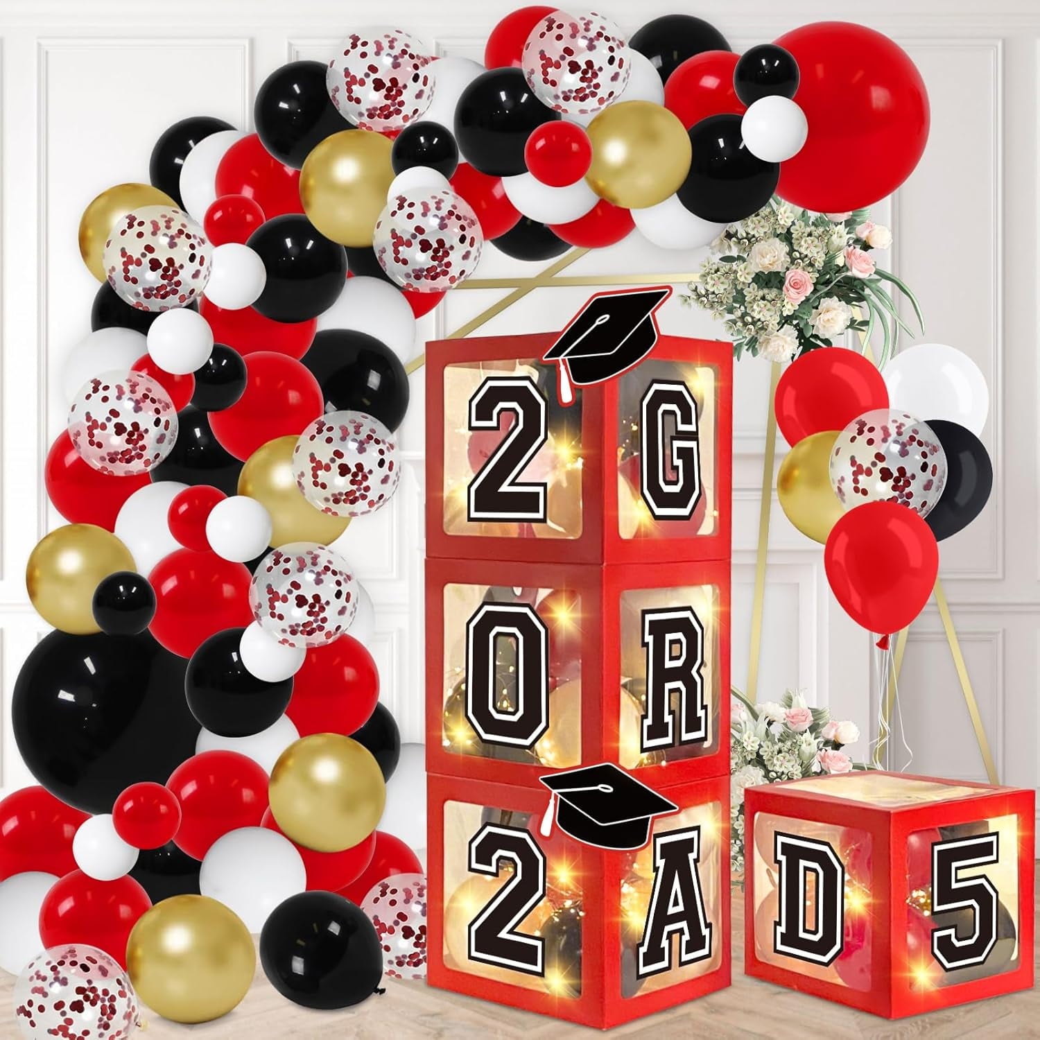 Graduation Decorations 2025, Set of 4 Red Graduation Balloon Boxes with 139pcs Balloon Arch Garland Kit & 4 Light Strings - So Proud of You 2025 Graduation Decorations for Any Grades