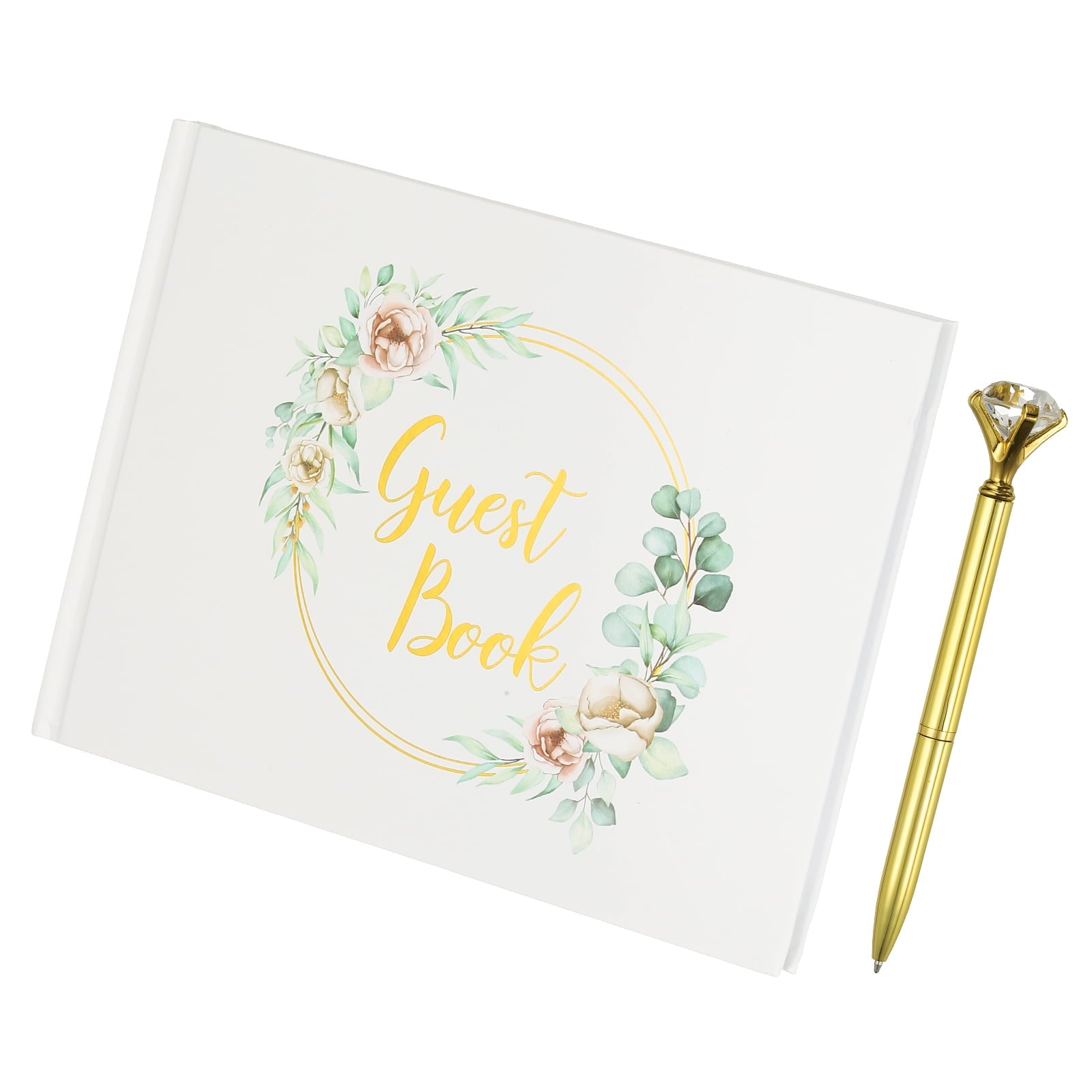 Guest Book, Wedding Guest Sign Book Reception Signature Book Party Decorations Supplies with Diamond Pen for Birthday Bridal Shower, Gold Ring