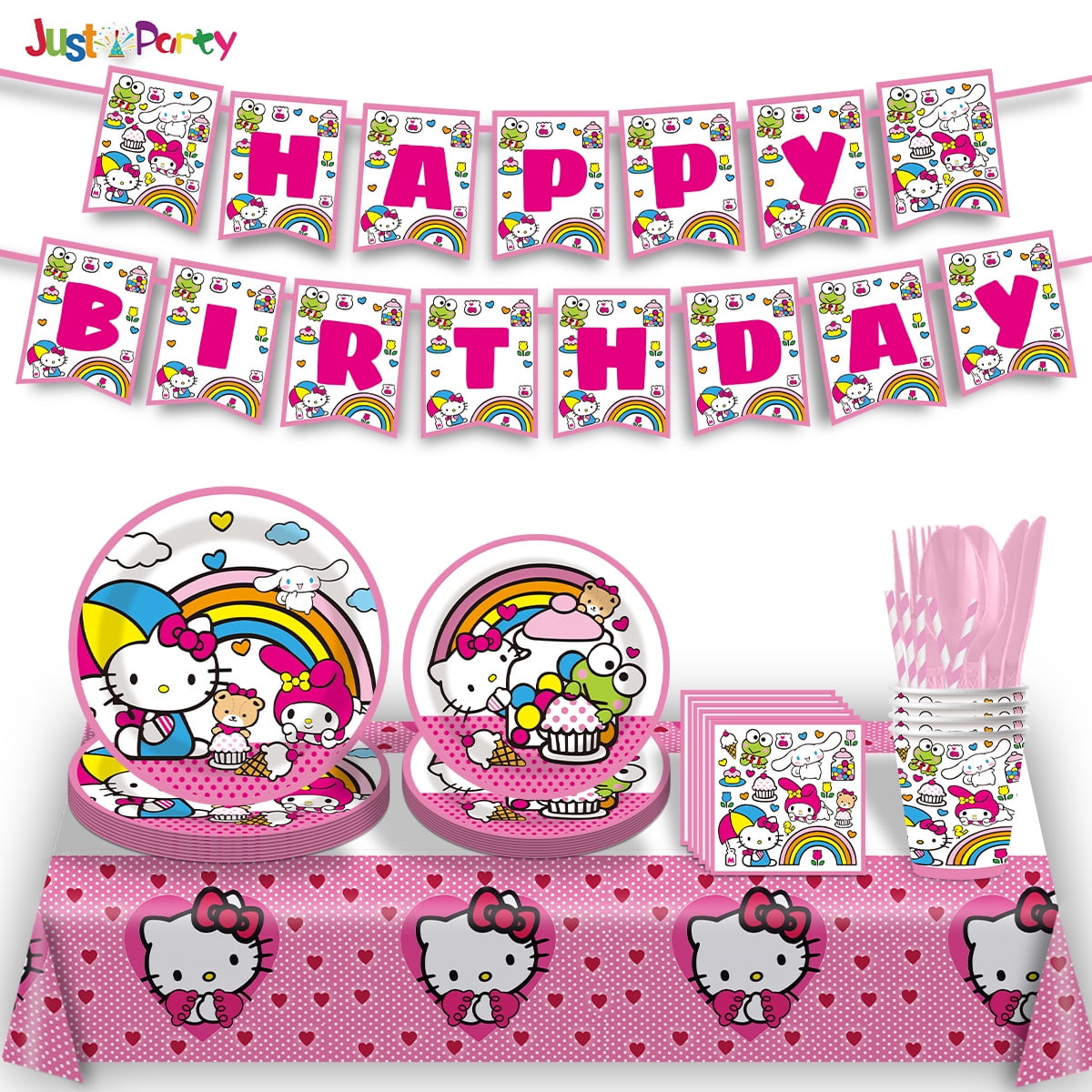 HELLO-KITTY 82/92 PCS Party Supplies, Party Tableware, Disposable Paper Plates- Napkins-Forks Dinnerware Set