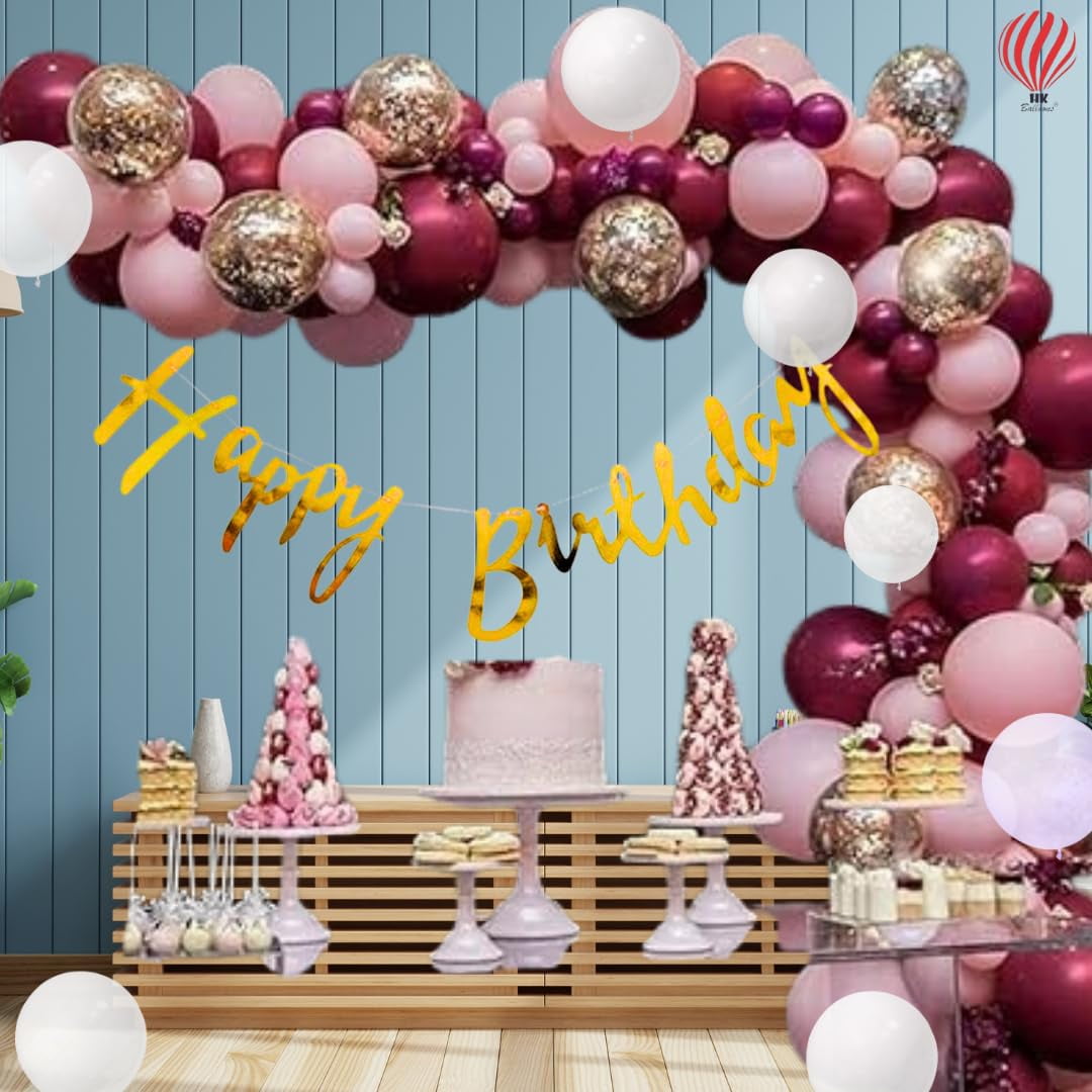 HK balloons 58 Pcs Burgundy Pink Balloons For Birthday Decoration With Happy Birthday Banner Balloon Arch Decoration Set ,Gold Confetti & Chrome Balloon Pump