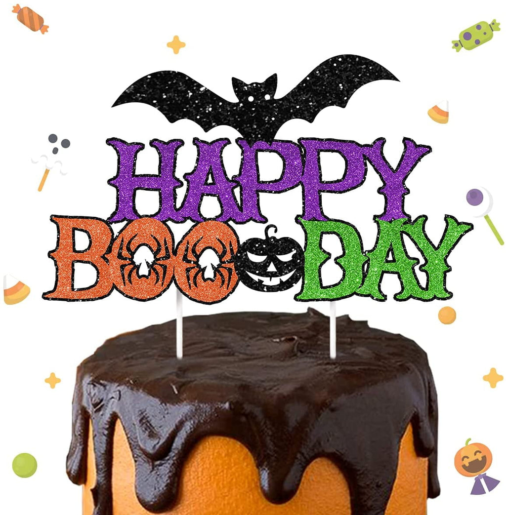 Halloween Birthday Cake Decorations - Happy Boo Day Cake Topper for Boys Girls Here for the Boos, Trick or Treat Spooky Themed Birthday Party Supplies with Bat Pumpkin Sign