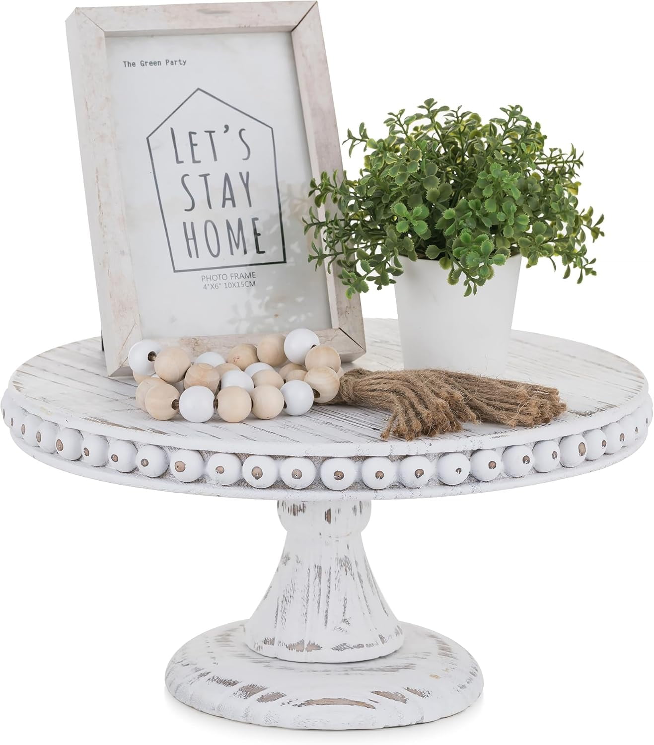 Hanobe Rustic Cake Stand 11.8 Inch Wood Dessert Display Riser Vintage Beads Cake Stand for Wedding Reception Decoration