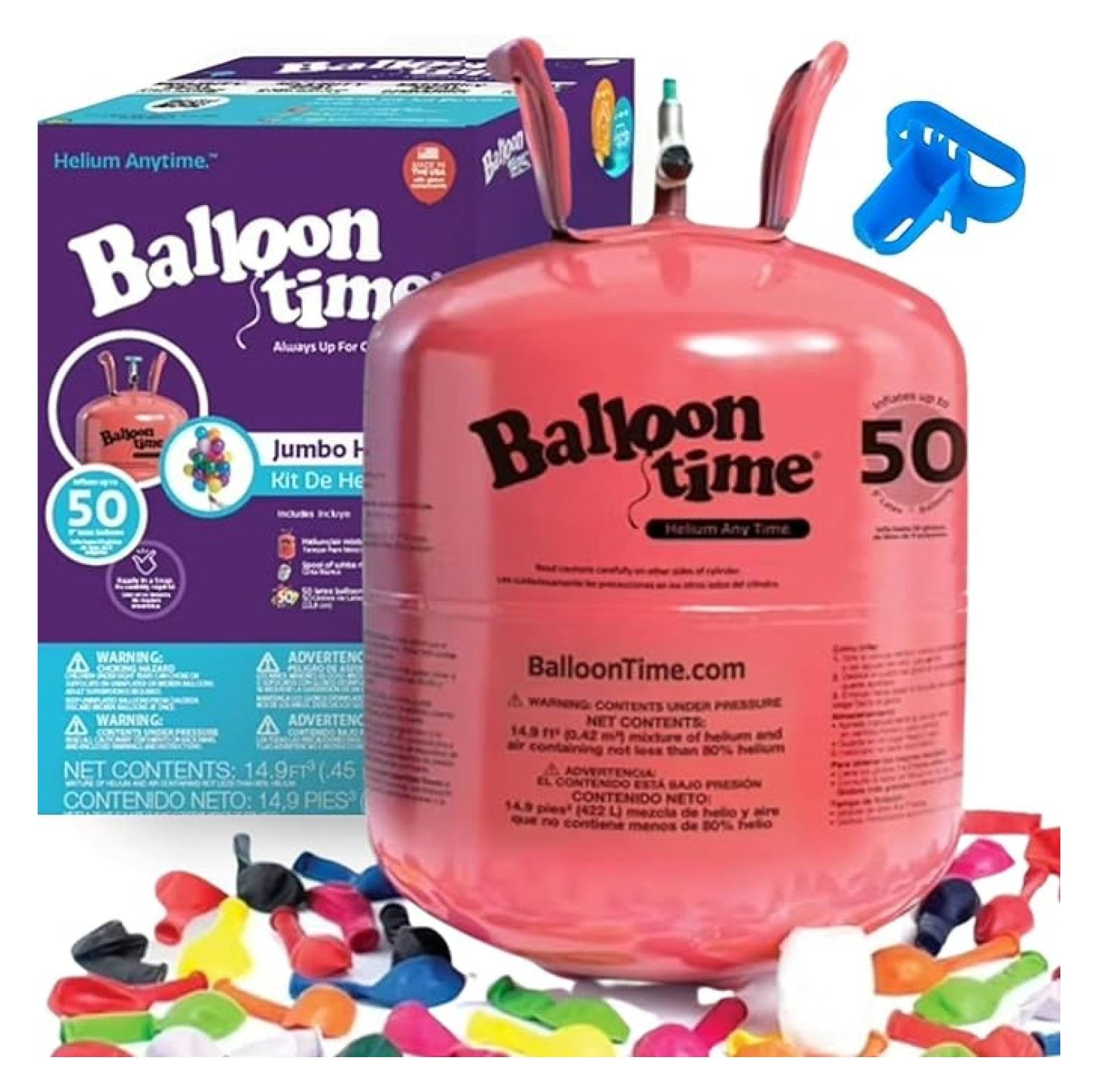 Helium for Balloons At Home, 14.9 Cu Ft Helium Balloon Pump Kit with 50 Assorted Latex Balloons, White Curling Ribbon and Balloon Tie Tool