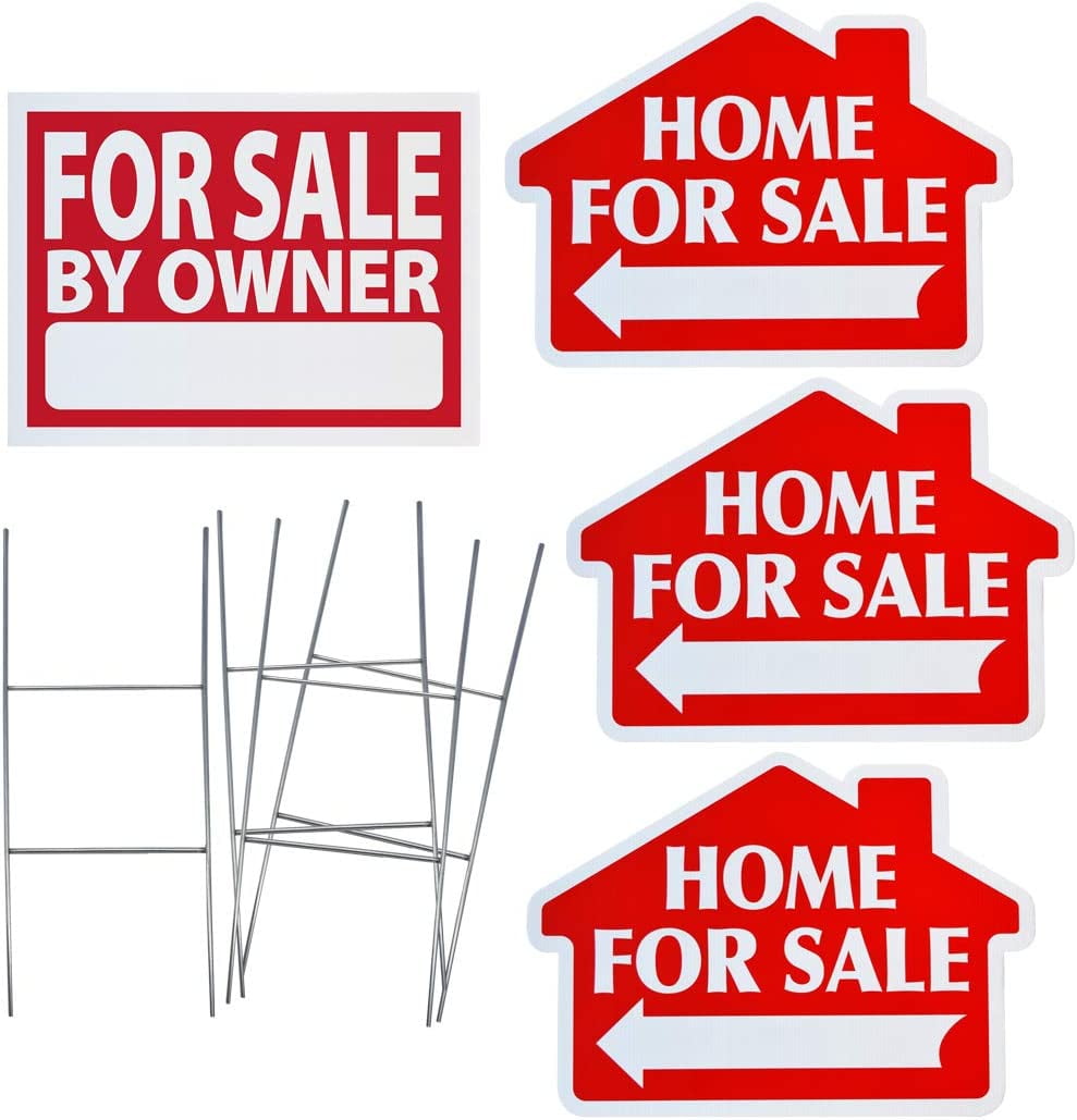 Home for Sale by Owner Yard Sign Combo Kit - Includes Directional Home for Sale Signage, & Heavy Duty Yard Stakes (for Sale by Owner Kit, with 3 House Shaped Directional Signs)