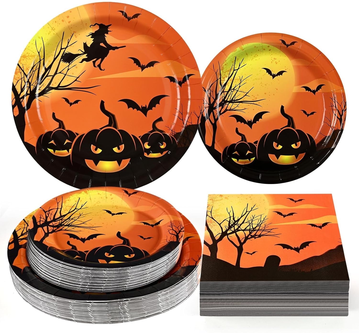 Waipfaru 200 PCS Halloween Party Supplies Paper Plates and Napkins Orange Pumpkin Disposable Tableware for Party Decoration