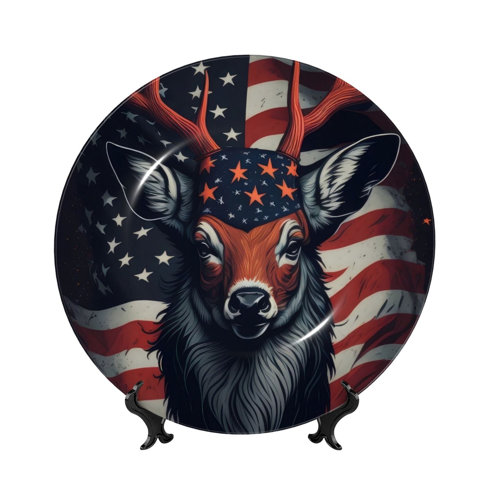 Honeii Modern USA Deer Head Print Elegant Bone China Decorative Plate, Porcelain Plate,Art Crafts,Ceramic Ornaments for Home Office Wall Decor-6in