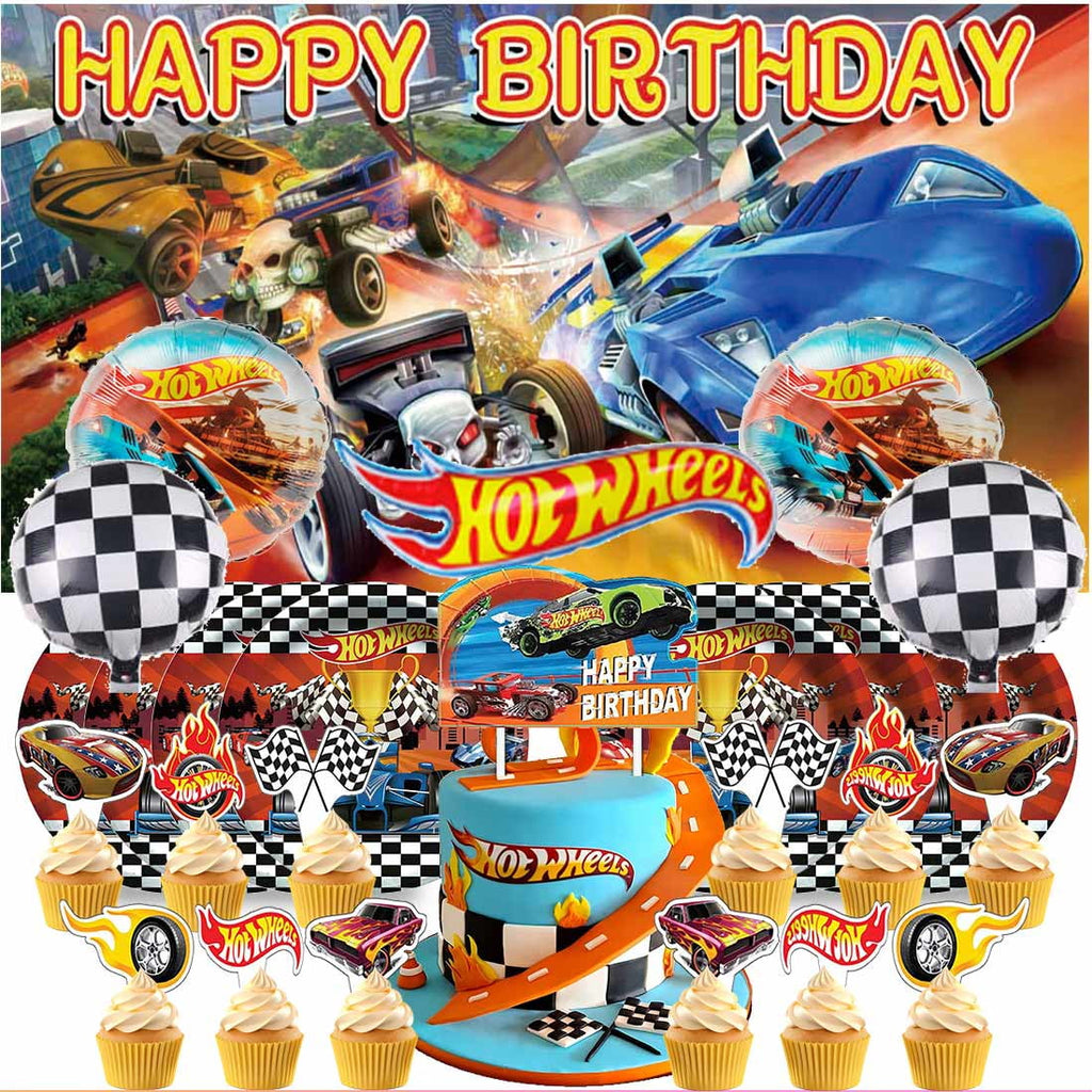 Hot Wheel Party Supplies Decor Tableware Backdrop Banner Cake Topper Balloons Birthday Decorations