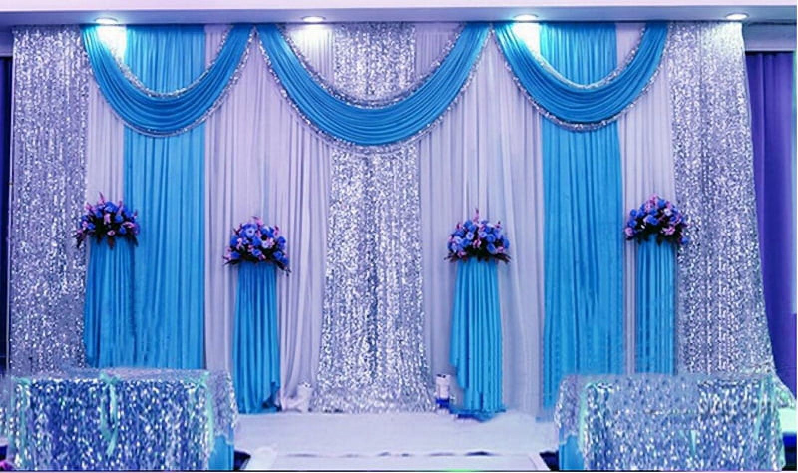 INTBUYING 10ft*10ft Three Fold Blue Wedding Stage Reception Backdrop Curtain Decorations Ceremony Background Party Drapes with Swag Silk Fabric Curtain