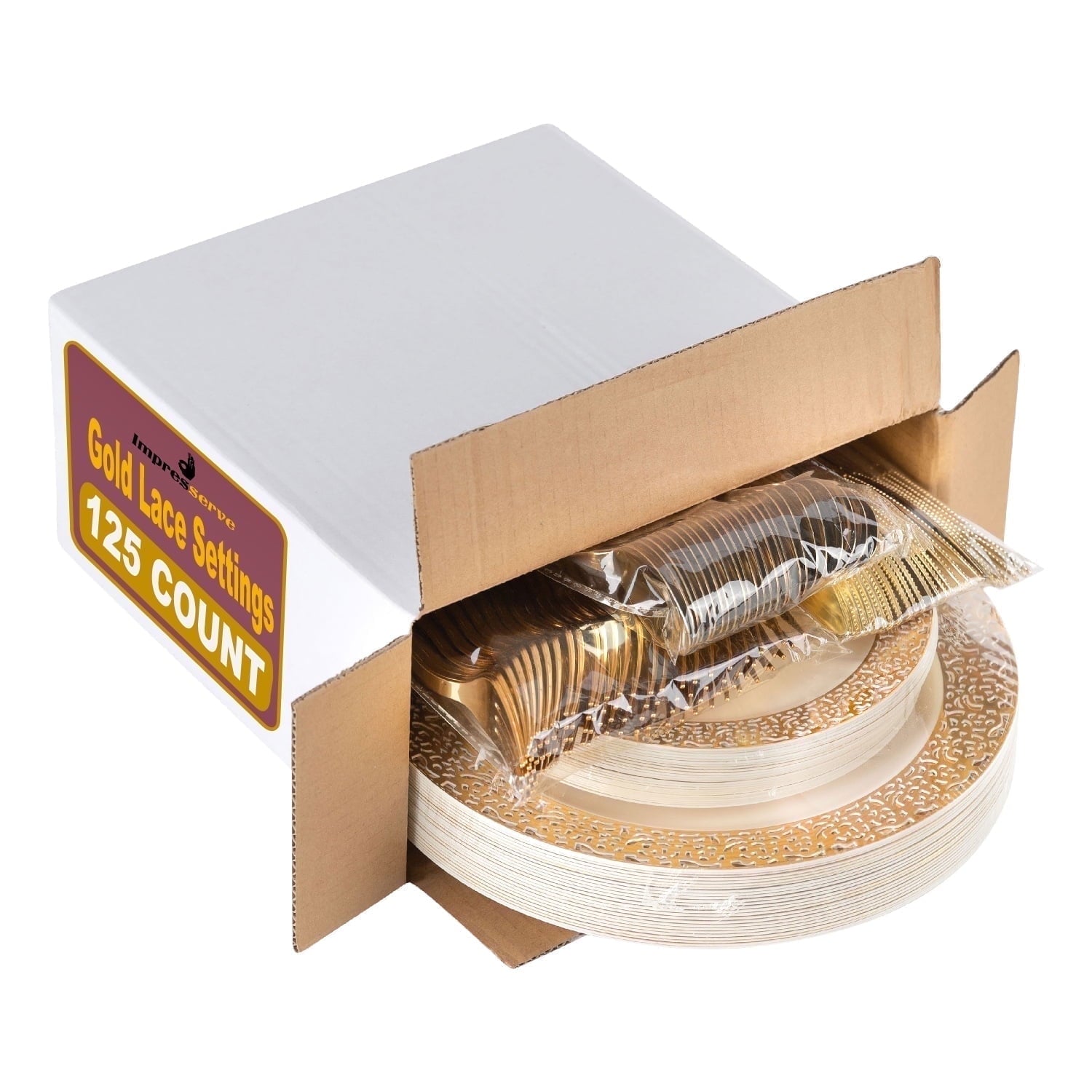 Impresserve Elegant Gold Disposable Plastic Dinnerware Set - 125 Pieces with Plates and Utensils for 25 Guests