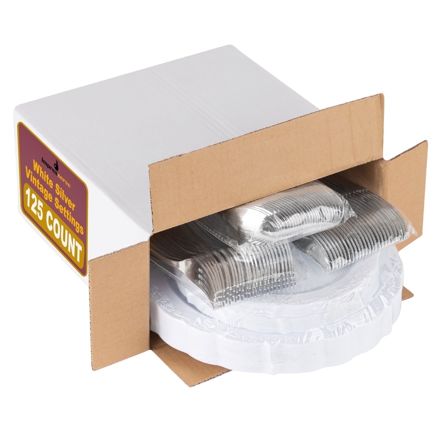 Impresserve Elegant Gold Disposable Plastic Dinnerware Set - 125 Pieces with Plates and Utensils for 25 Guests