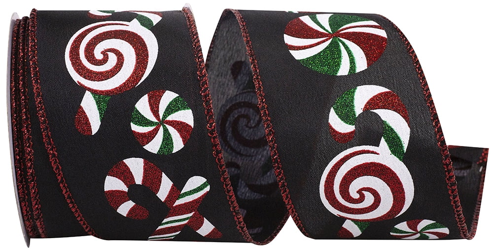 JAM Paper Candy Cane & Peppermint Christmas Ribbon, Black, 2.5in x 10yd, 1/Pack