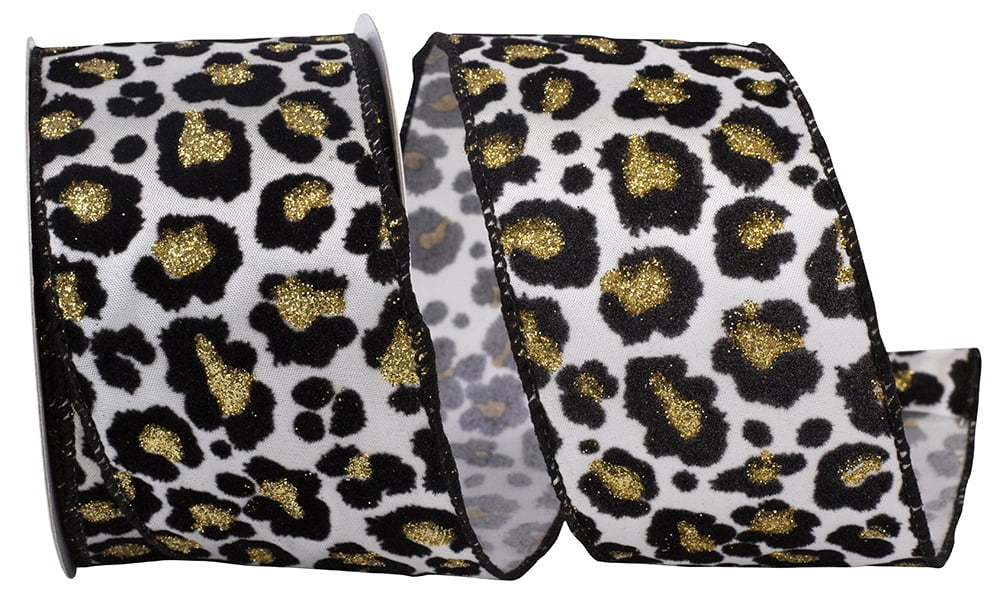 JAM Paper Cheetah Spots Glitter Flock Wired Edge Ribbon, White & Black, 2.5in x 10yd, 1 per Pack