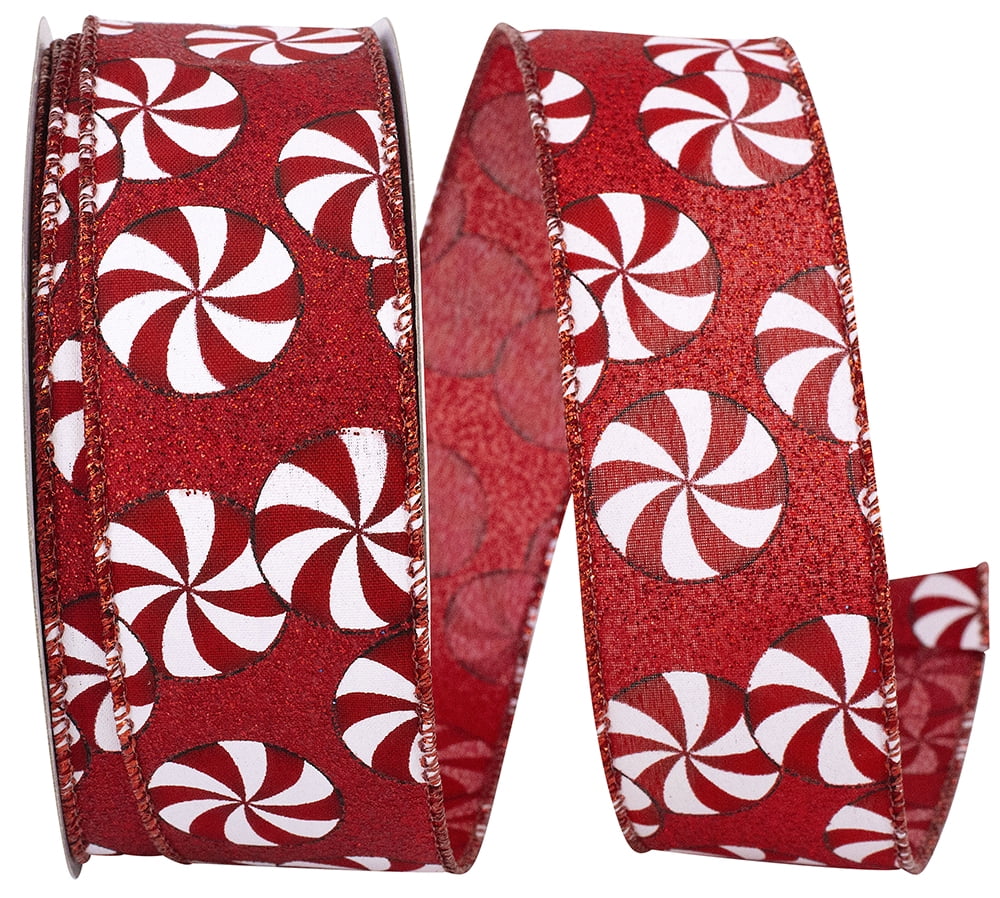 JAM Paper Christmas Glitter Ribbon, Peppermint Candy Design, Red & White, 1.5in x 20yd, 1/Pack