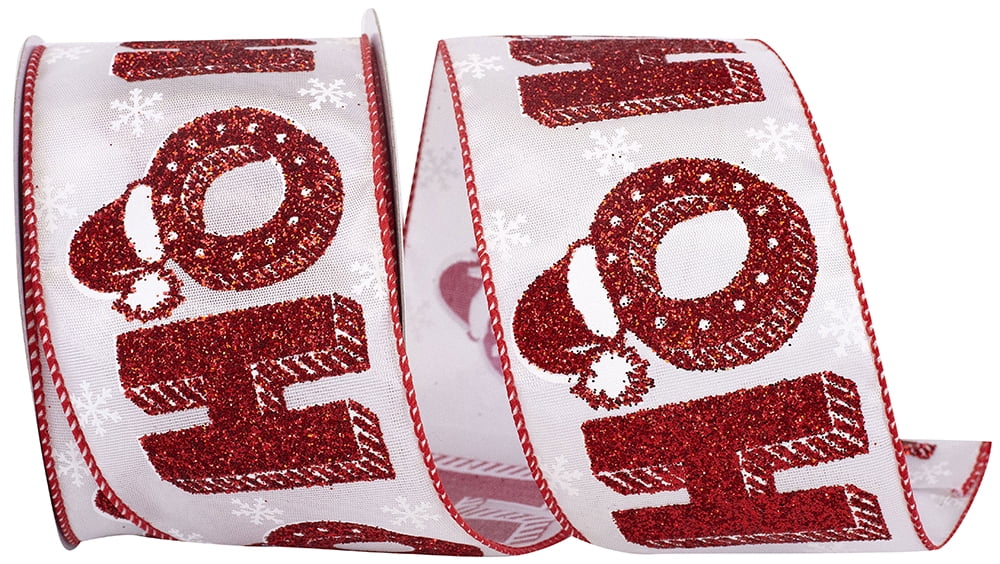 JAM Paper Christmas Ho Ho Ho Glitter Ribbon, Red & White, 2.5in x 10yd, 1/Pack