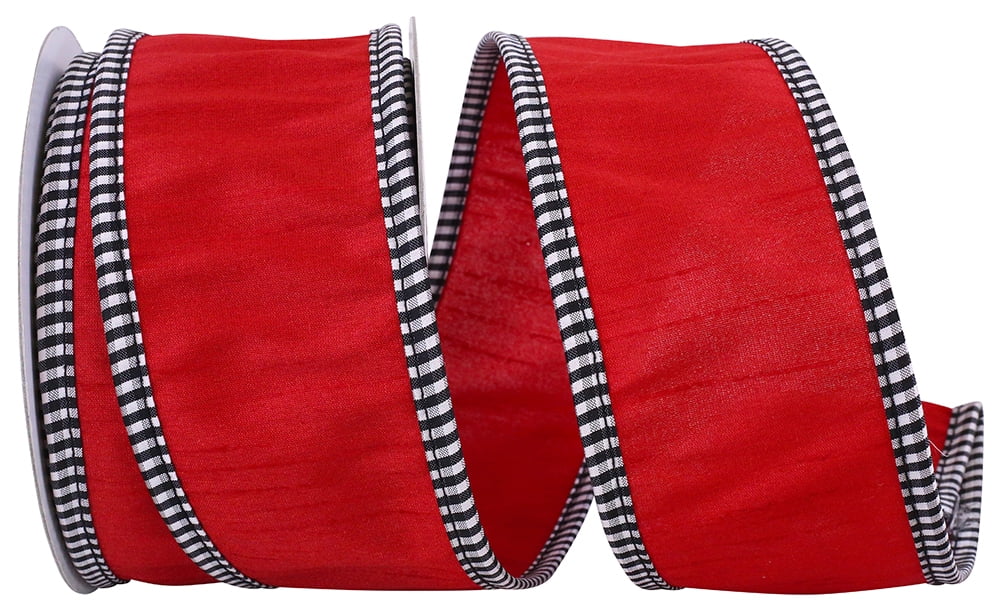JAM Paper Christmas Red Dupioni Polyester Ribbon, with Checkered Trim 10yd x 2.5in, 1/Pack