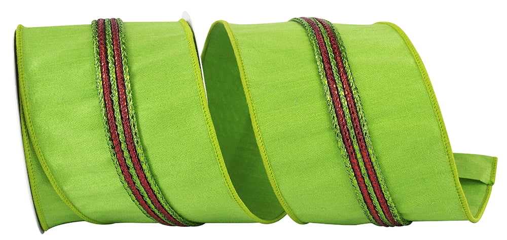 JAM Paper Christmas Ribbon, Lime Green & Red, Dupioni, 4in x 5yd, 1/Pack
