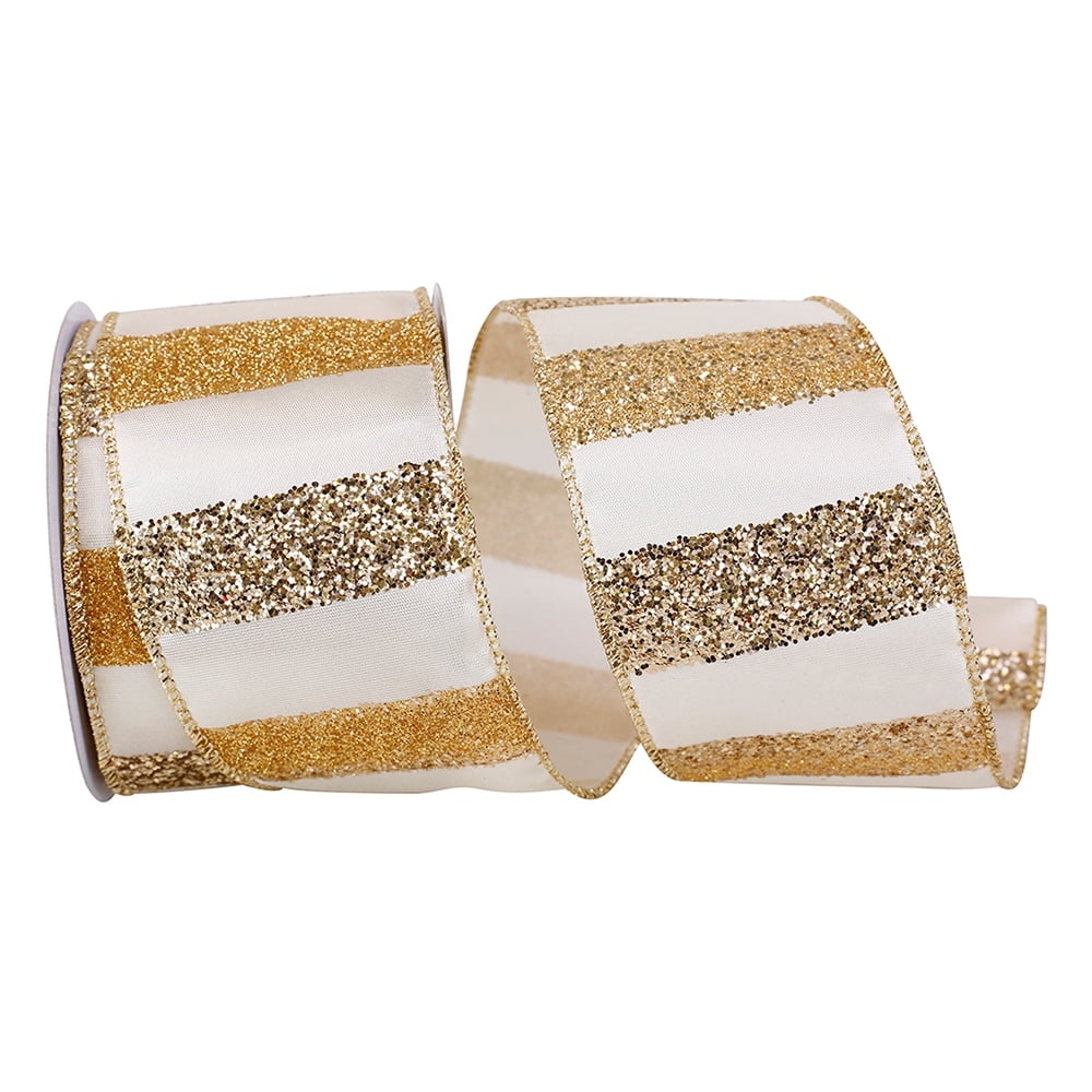 JAM Paper Christmas Stripe Ribbon, Glitter, Ivory & God, 2.5in x 10yd, 1/Pack