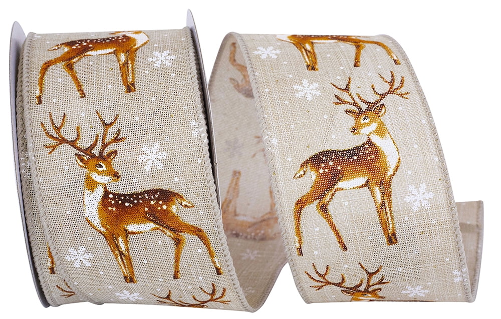 JAM Paper Deer Mick Wired Edge Ribbon, Natural, 2.5in x 10yd, 1 per Pack