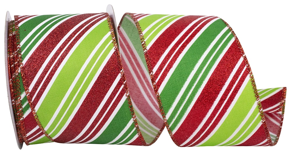 JAM Paper Diagonal Stripe Glitter Ribbon, Red & Green, 2.5in x 10yd, 1/Pack