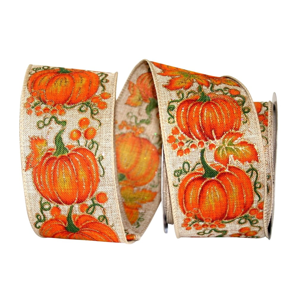 JAM Paper Fall Pumpkin Ribbon, Natural & Orange, 2.5in x 10yd, 1/Pack