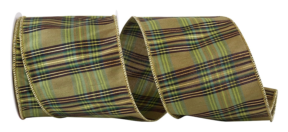 JAM Paper Grandisimo Plaid Dupioni Wired Edge Ribbon, Moss, 4in x 10yd, 1 per Pack