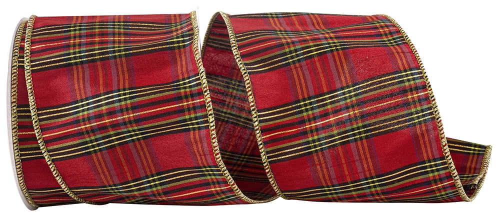 JAM Paper Grandisimo Plaid Dupioni Wired Edge Ribbon, Red, 4in x 10yd, 1 per Pack