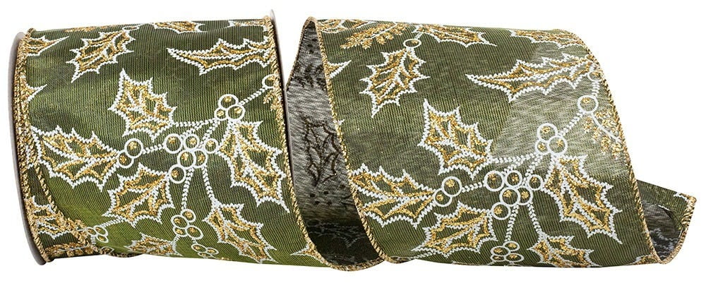JAM Paper Iridescent Moss Holly Glitter Outlines 4 Inch x 10 Yards Satin Wired Edge Ribbon, 1/Pack