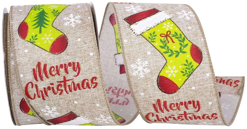 JAM Paper Merry Christmas Stocking Ribbon, Multicolor, 2.5in x 10yd, 1/Pack