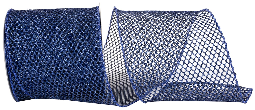 JAM Paper Metallic Glitter Net Wired Edge Ribbon, Navy Blue, 4in x 10yd, 1/Pack