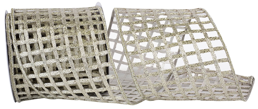 JAM Paper Open Mesh Deluxe Metallic Wired Edge Ribbon, Platinum Gold, 4in x 5yd, 1/Pack
