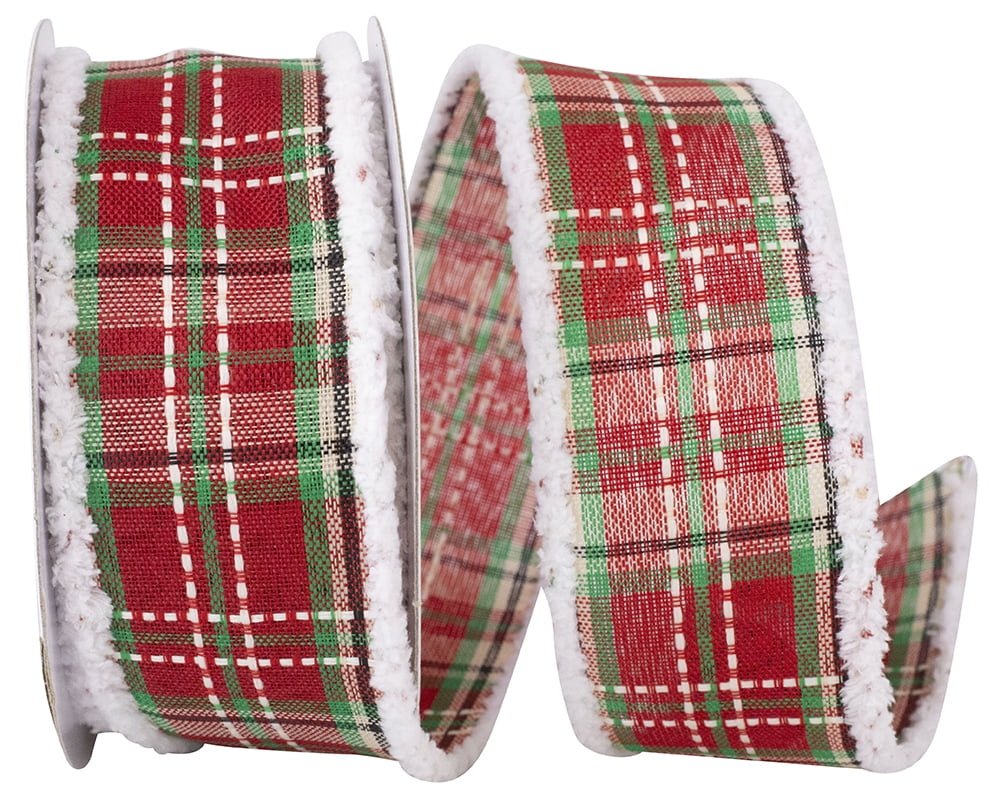 JAM Paper Plaid Saddle Stitch Snowy Frizzette Wired Edge Ribbon, Red & Green, 1.5in x 10yd, 1 per Pack