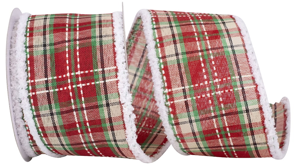 JAM Paper Plaid Saddle Stitch Snowy Frizzette Wired Edge Ribbon, Red & Green, 2.5in x 10yd, 1 per Pack