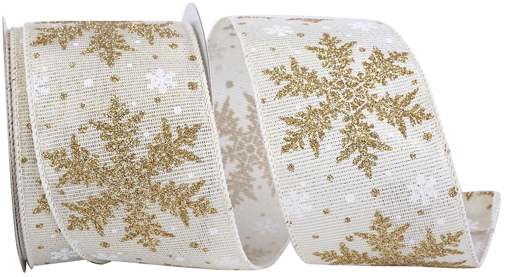 JAM Paper Sparkle Snowflake Ribbon, Ivory & Gold, 2.5in x 10yd, 1/Pack
