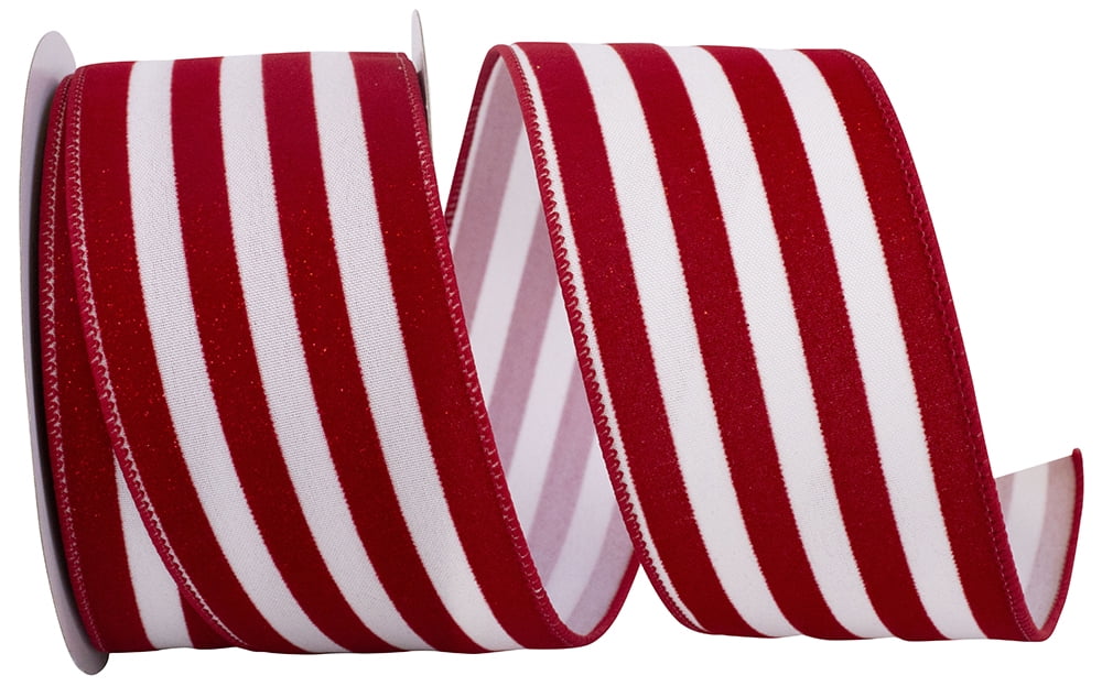 JAM Paper Striped Grande Velvet Sparkle Wired Edge Ribbon, Red & White, 2.5in x 10yd, 1 per Pack