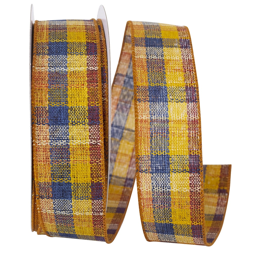 JAM Paper Tonal Stitched Country Plaid Wired Edge Ribbon, Sienna, 1.5in x 20yd, 1 per Pack
