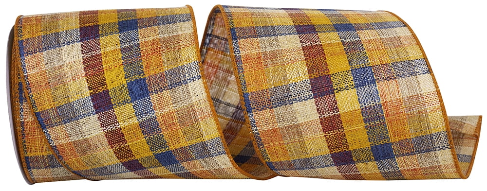JAM Paper Tonal Stitched Country Plaid Wired Edge Ribbon, Sienna, 4in x 10yd, 1 per Pack