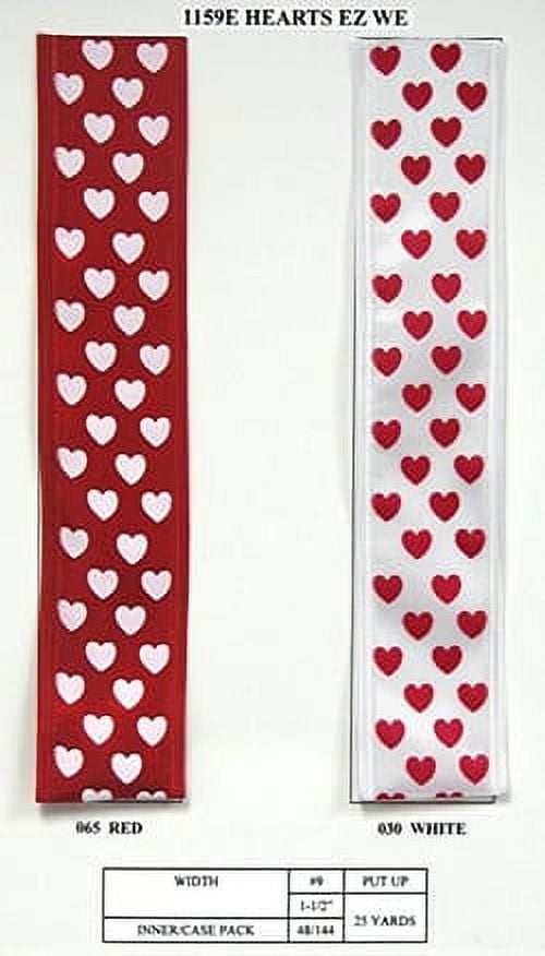 JAM Paper Valentines Day Ribbon, Red/White, 1 3/8in x 25yd, 1/Pack