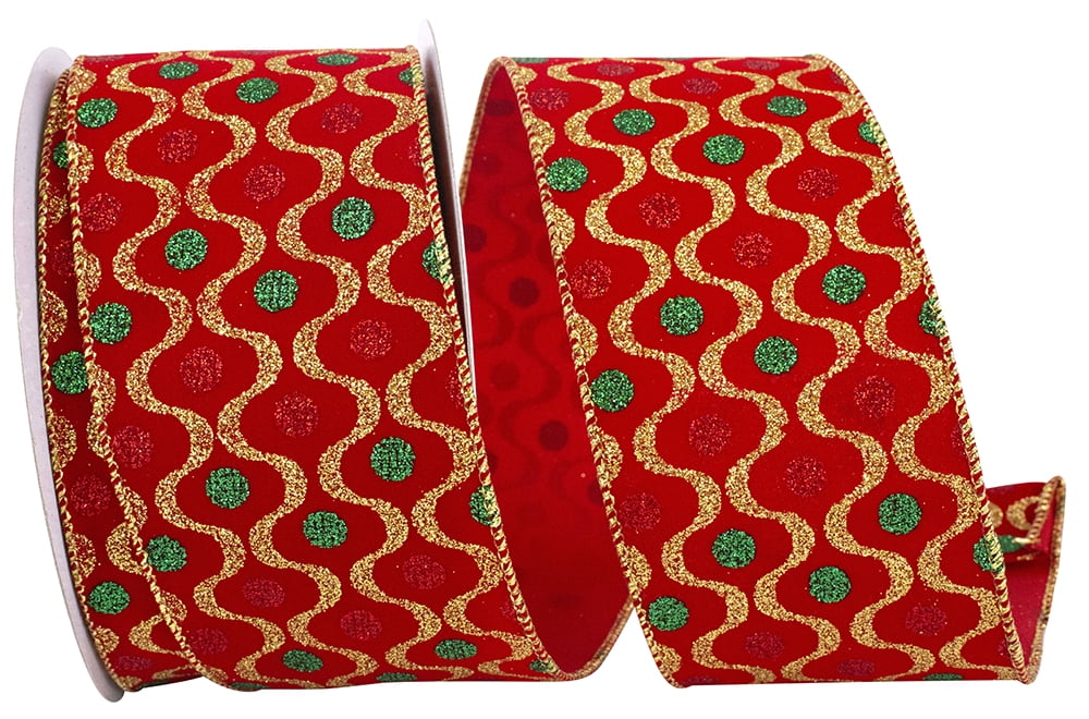 JAM Paper Velvet Glitter Jewel Fiesta Wired Edge Ribbon, Red, 2.5in x 10yd, 1 per Pack