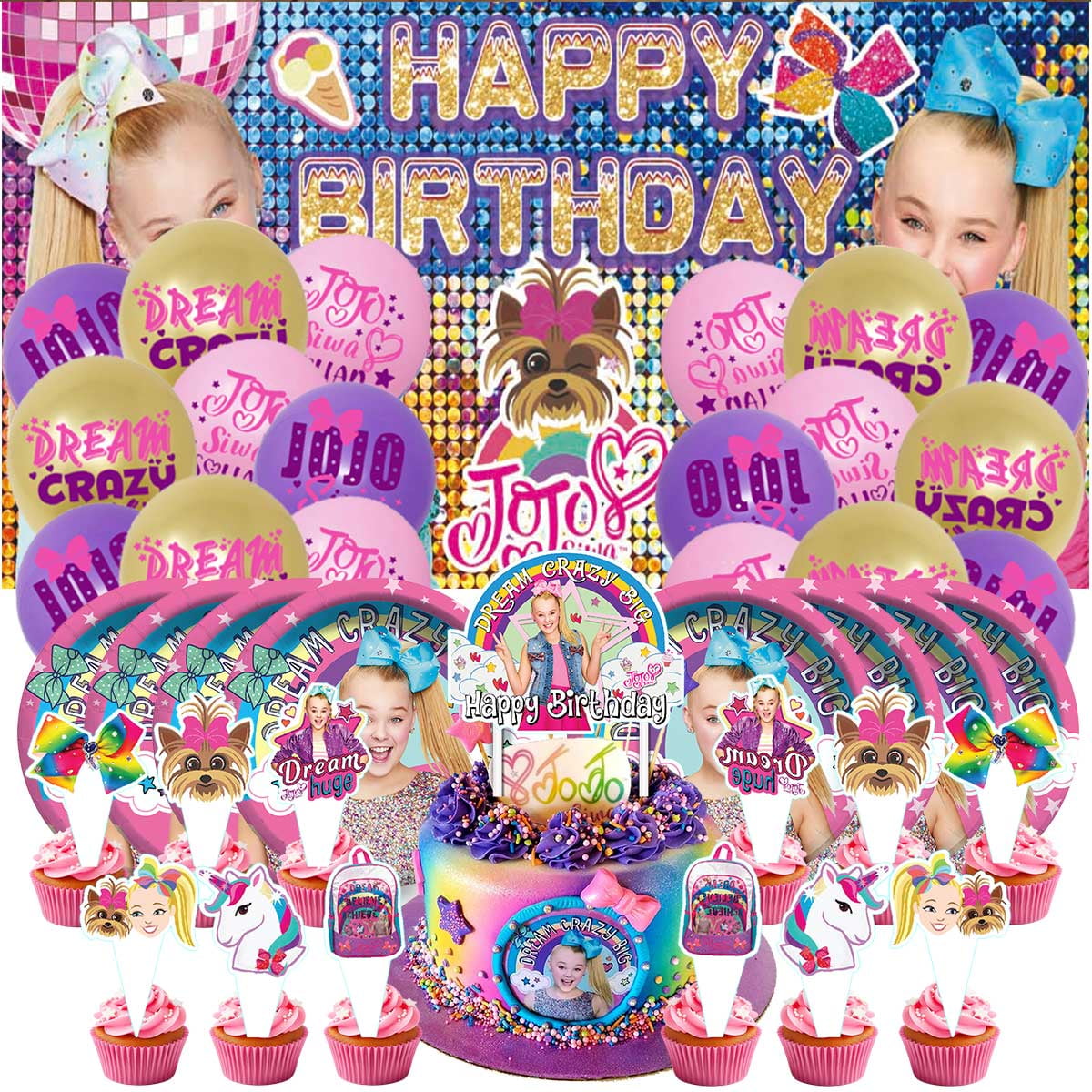 JOJO Siwa Party Supplies Balloons Tableware Decorations Birthday Plates Cake Topper Decor Banner Backdrop